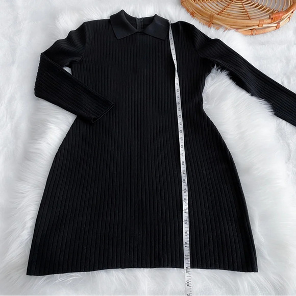 St. John Point Collar Ribbed Mini Dress Long Sleeve Black Wednesday Addams - Picture 10 of 11